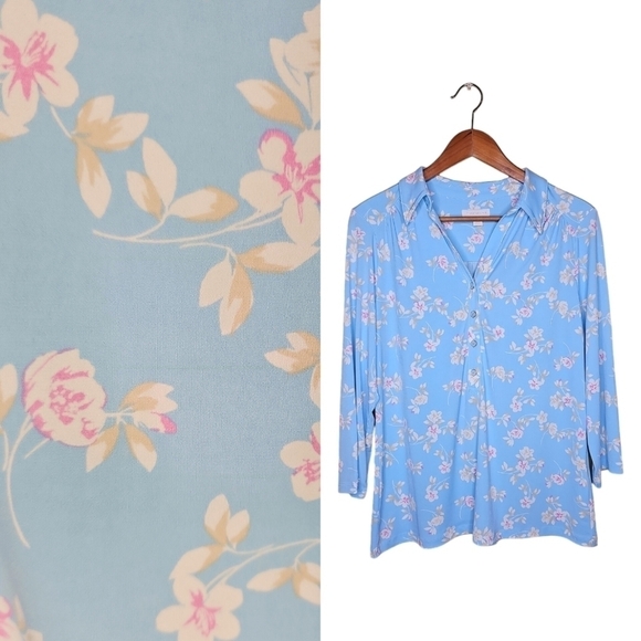 Charter Club Tops - Charter Club Sky Blue Floral Print 3/4 Sleeve Top Size L